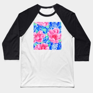 Chinoiserie and peonies on blue background watercolor Baseball T-Shirt